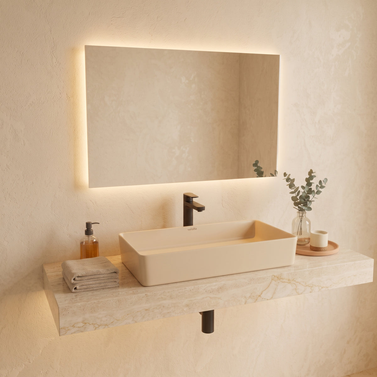 Vasque à poser rectangulaire beige - Lucas Crema - Finition mat satin (61 x 34,5 cm)