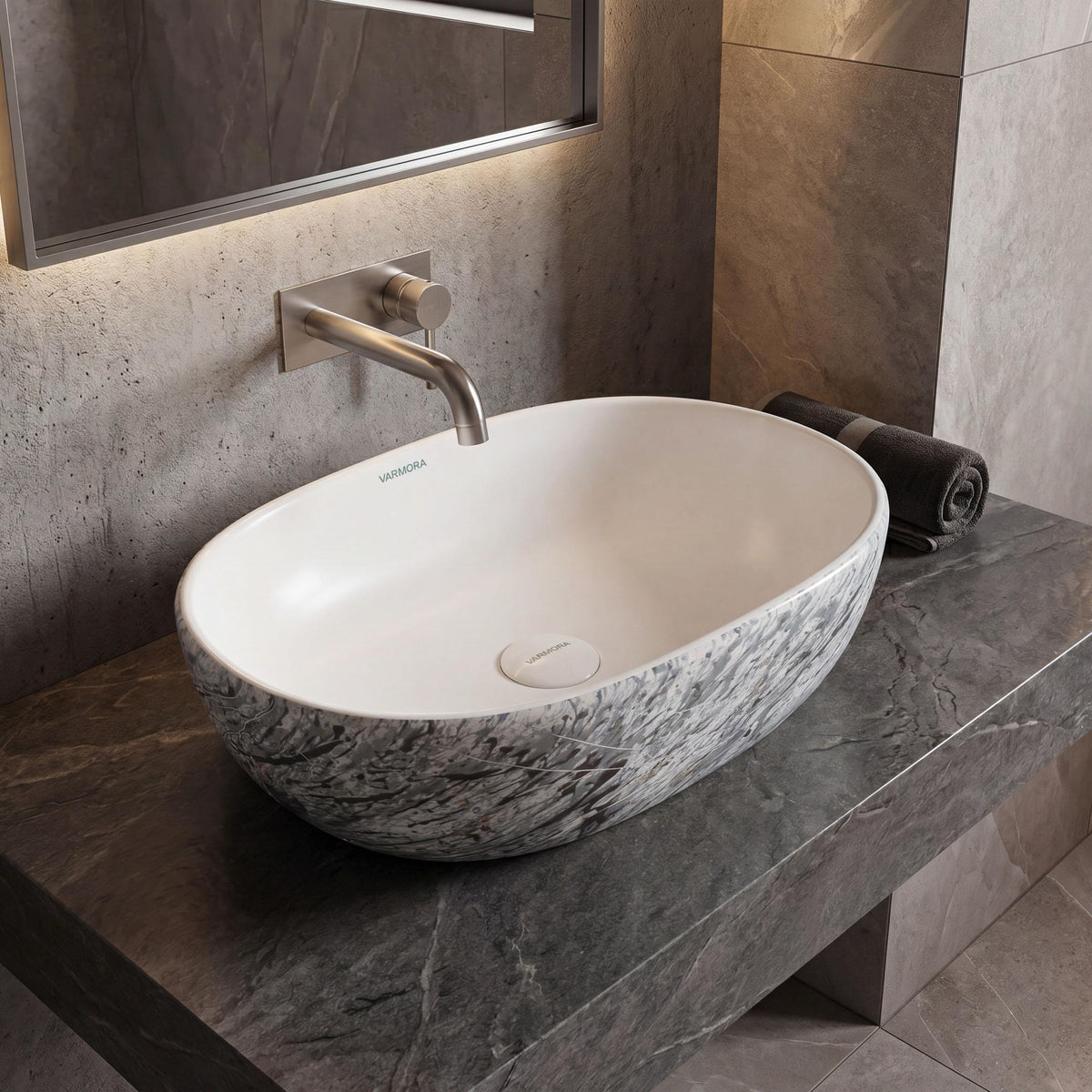 Vasque à poser rectangulaire arrondie blanc - Oliver White Granite – Finition mat satin (49 x 35,5 cm)