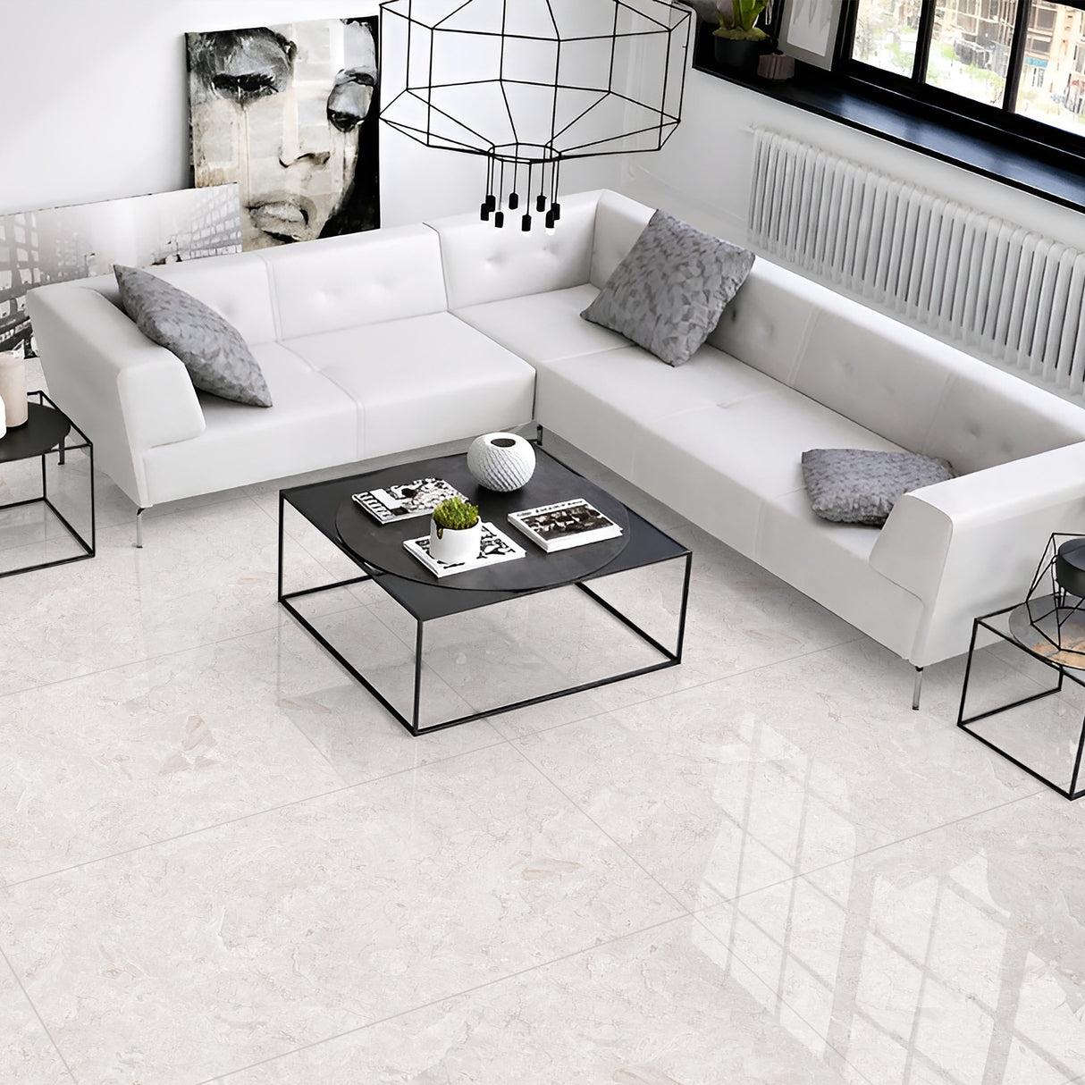 Carrelage effet pierre blanc brillant - Damascus Blanc - 60x120cm