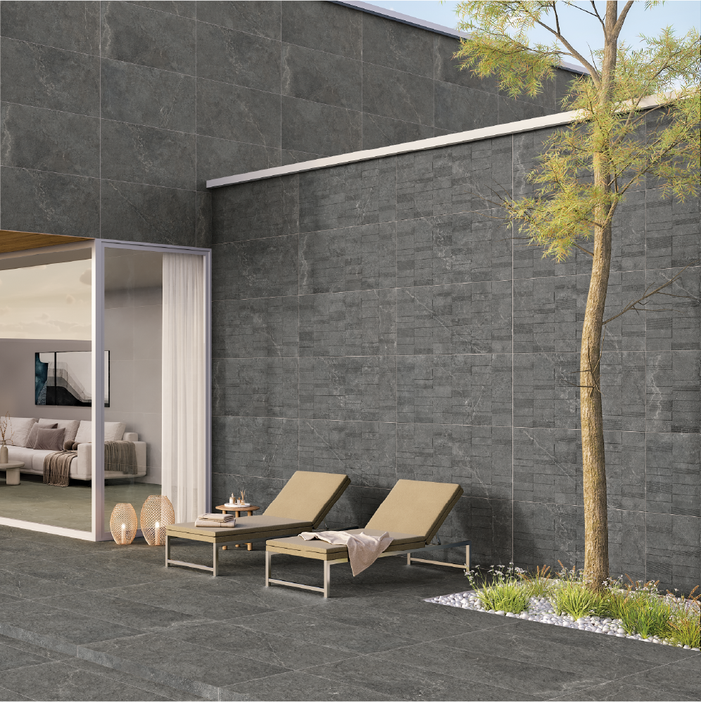 Carrelage effet pierre de parement noir mat 3D - Lunar Nero Decor - 60x120cm