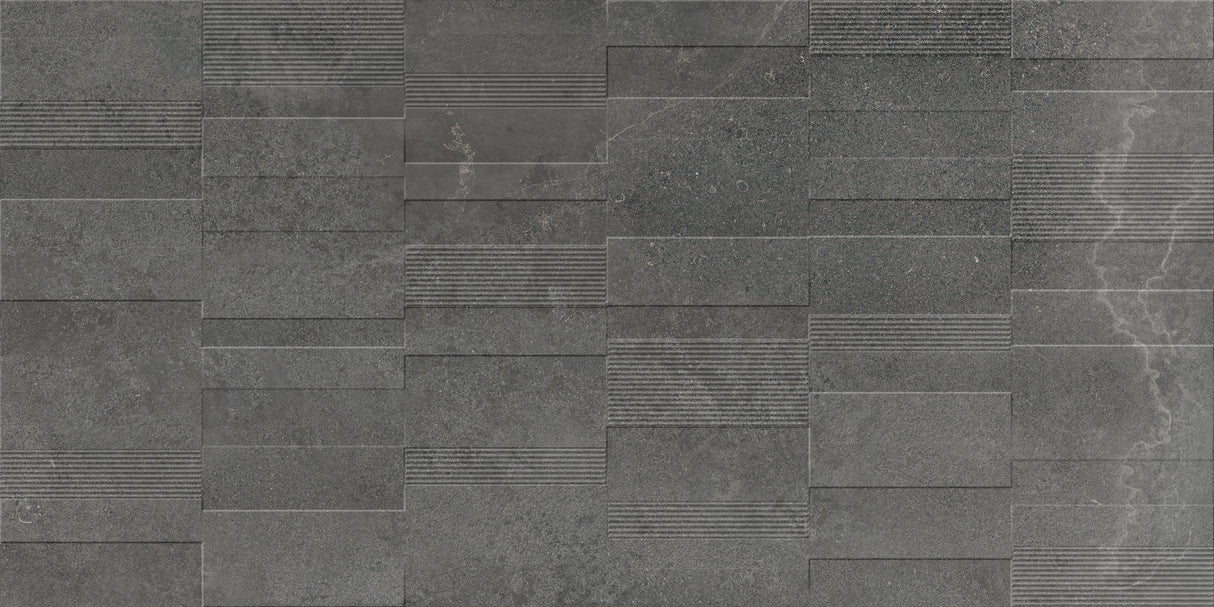 Carrelage effet pierre de parement noir mat 3D - Lunar Nero Decor - 60x120cm
