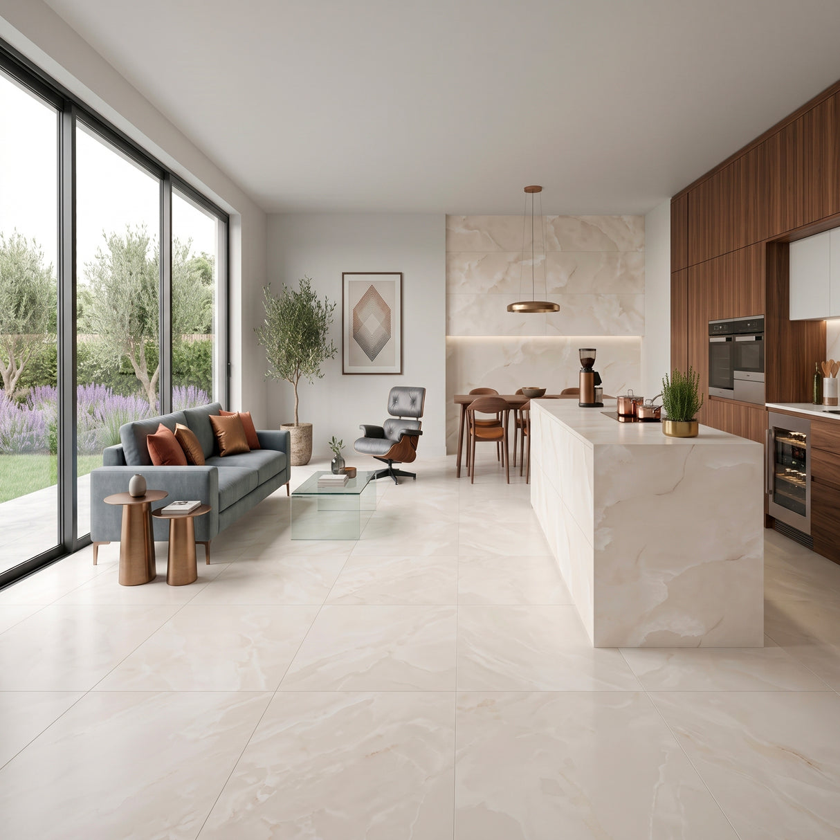 Carrelage effet marbre beige mat satin - Onyx Fleur Beige - 60x120cm