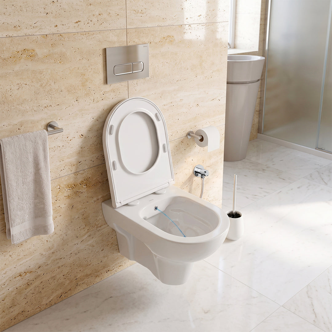 Cuvette WC suspendue lavante avec abattant et robinet d'arrêt (bidet)