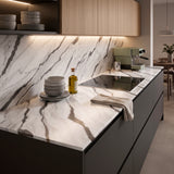 Plan de travail en carrelage effet marbre blanc satin - Panda Noir - 80x320x1,5cm