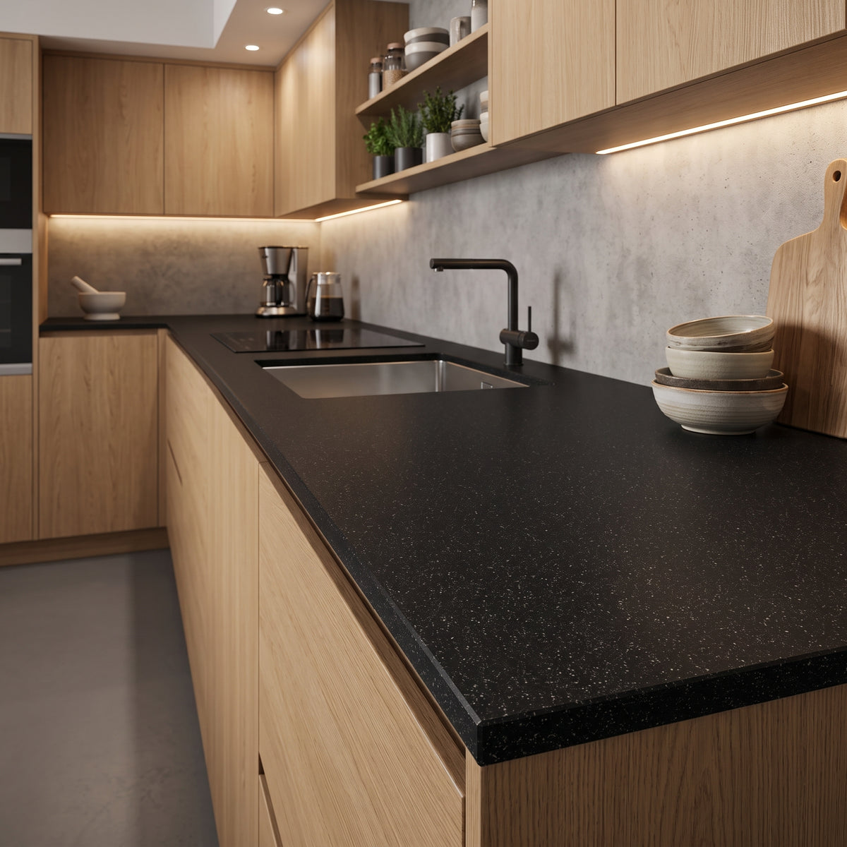 Plan de travail en carrelage effet pierre noir mat - Silicone Granite - 80x320x1,5cm
