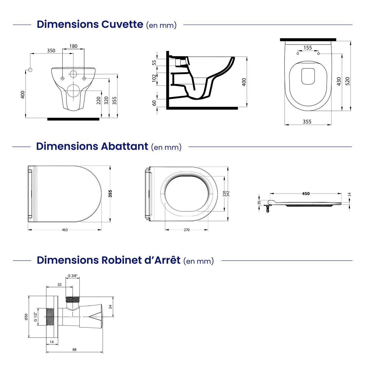 Cuvette WC suspendue lavante avec abattant et robinet d'arrêt (bidet)